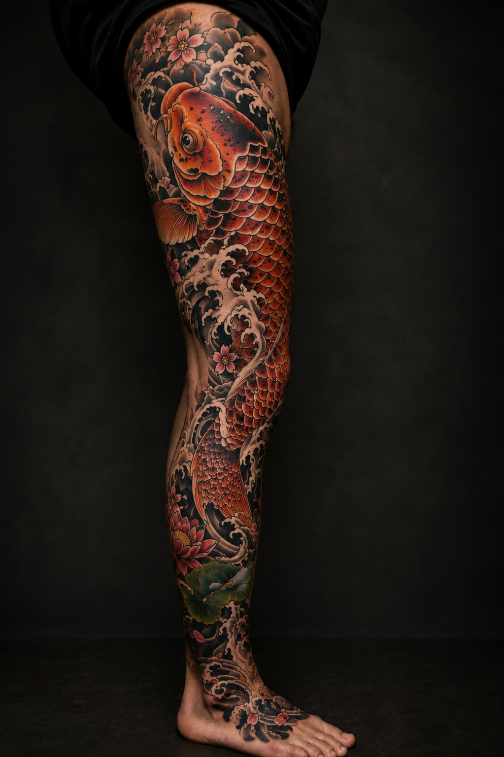 Japanese traditional koi fish full leg sleeve tattoo